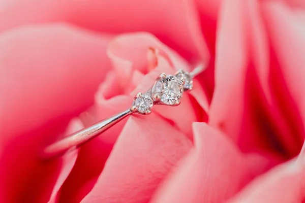 Egy Közeli Kép Egy Jegygyűrűről Egy Rózsaszín Rózsán — Stock Fotó