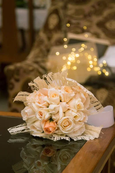 Vertical Shot Wedding Bouquet Beige Flowers Table Royalty Free Stock Photos
