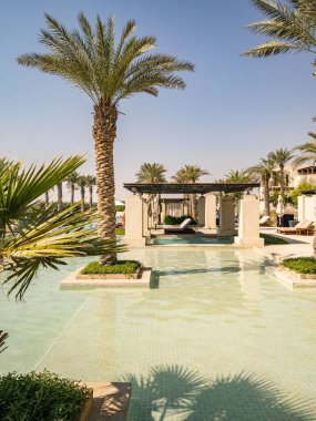 Al Wathba Desert Resort ve Spa 'da palmiye ağaçları ve kabinlerle dolu uçsuz bucaksız sonsuz bir havuz.