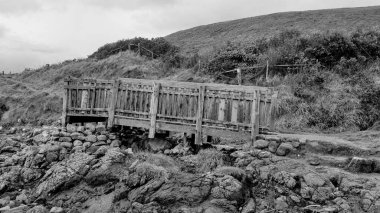 Kayaların üzerindeki tahta köprünün gri tonlu görüntüsü.