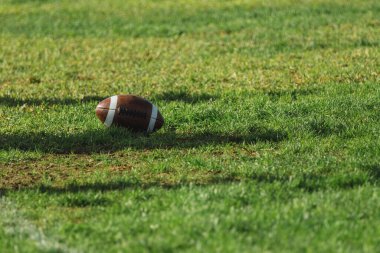 Bir Gridiron topu, aynı zamanda domuz derisi olarak da bilinir, yeşil çimlerin üzerinde..
