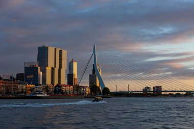 Günbatımında tipik modern gökdelenlerin arkasında ve ön planda eski mimarisi olan ünlü Erasmus köprüsünün bir kısmıyla Rotterdam 'ın silueti.