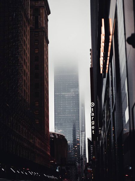 A vertical shot of buildings in streets of New York