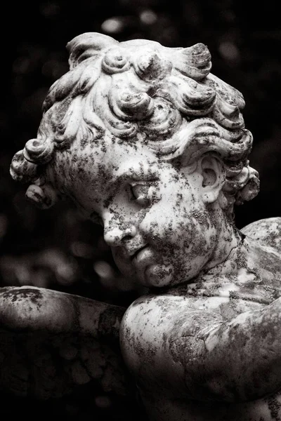 Снимок Маленькой Ангельской Скульптуры Парке Оттенках Серого — стоковое фото