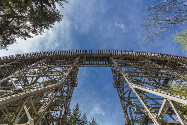 Niski Kąt Ujęcia Metalowego Mostu Ziemestal Otoczonego Drzewami Turyngii Niemcy — Zdjęcie stockowe