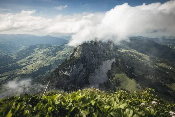 Uma Bela Vista Uma Montanha Enorme Com Floresta Durante Nascer — Fotografia de Stock
