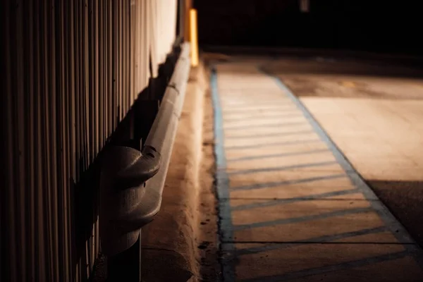 Closeup Shot Guardrail Corrugated Steel Siding Sidewalk — Stock Photo, Image
