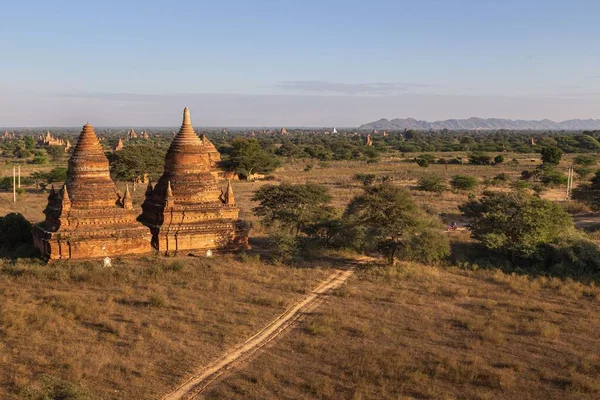 Two Small Temples Stand Amongst Many Others Bagan Plains Myanmar — Stock Photo, Image