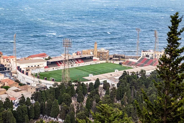 Top View Omar Hamadi Football Stadium Bouloughin Blue Sea Background — Stock Photo, Image