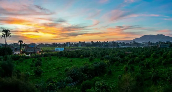 Aerial View Lush Vegetation Buildings Background Town Egypt Colorful Sunset — Stock Photo, Image