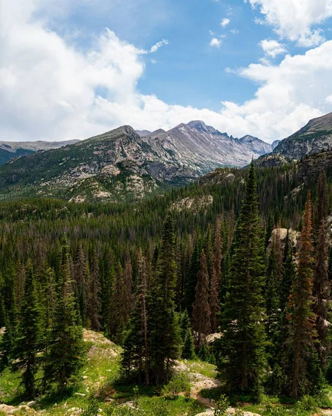 Eine Vertikale Aufnahme Einer Bergigen Landschaft Mit Saftig Grünen Bäumen — Stockfoto