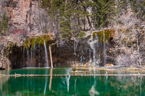 Μια Γραφική Θέα Μιας Όμορφης Πράσινης Λίμνης Ένα Δάσος Που — Φωτογραφία Αρχείου