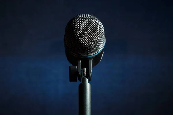 Closeup Shot Metal Microphone Pole Isolated Blue Background — Stock Photo, Image