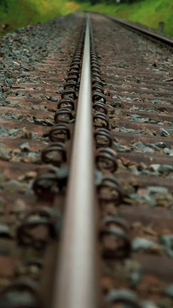 Primer Plano Vertical Viejos Carriles Tranvía Oxidados Fondo Hierba — Foto de Stock