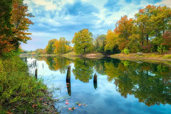 秋の朝に湖に映る木々 — ストック写真