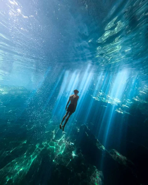 Una Toma Vertical Macho Nadando Completamente Bajo Agua — Foto de Stock