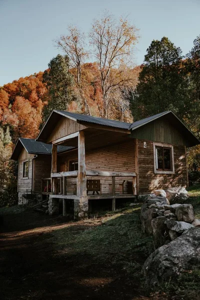 Eine Vertikale Aufnahme Eines Ländlichen Holzhauses Mit Veranda Einem Herbstwald — Stockfoto