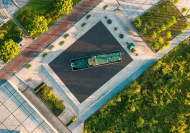 Paris, Fransa 'daki Parc Andre Citroen şehir parkının hava görüntüsü