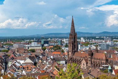 Almanya 'daki Freiburger Munster katedralinin ve ortaçağ binalarının hava görüntüleri..