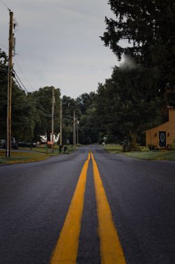 Ulaşım güzergahı boyunca ağaçlarla çevrili bir yerleşim bölgesini geçen sarı bir yol.