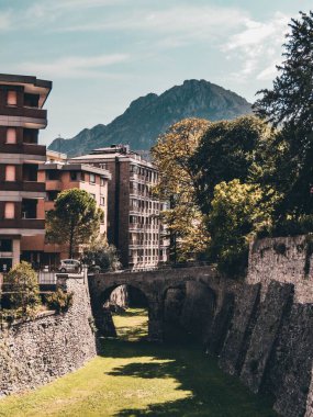Şehirdeki çimlerin üzerinde taş bir köprü.