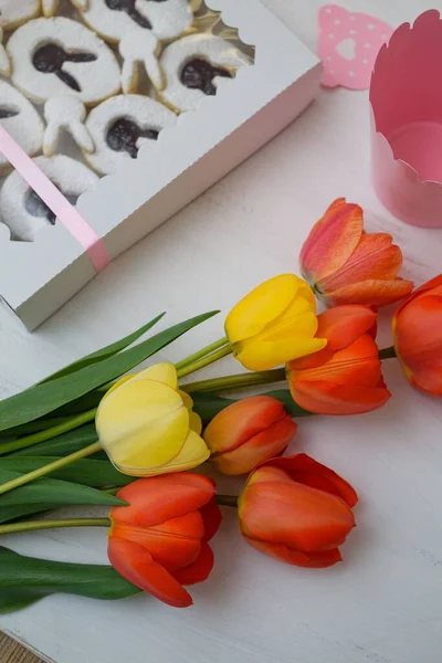 Closeup View Beautiful Tulips Next Chocolate Box — Stock Photo, Image