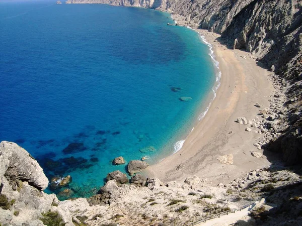 Krásný Výhled Modré Moře Písečnou Pláž Platia Ammos Kefalonia — Stock fotografie