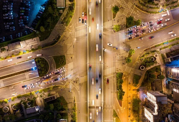 Drone Shot Evening Scenery Cars Illuminated Streets Skyscrapers Buildings — Stock Photo, Image
