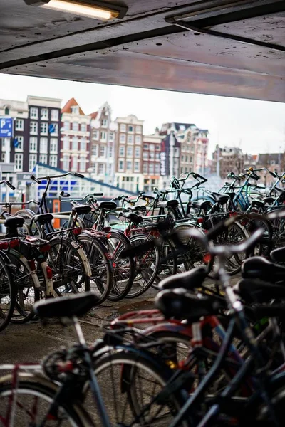 Eine Vertikale Aufnahme Einer Gruppe Von Fahrrädern Die Freien Amsterdam — Stockfoto