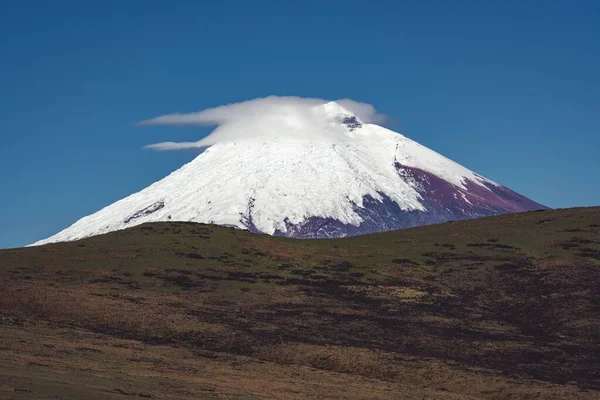 Egy Réteg Fehér Bolyhos Felhők Előtt Havas Cotopaxi Vulkán Kék — Stock Fotó