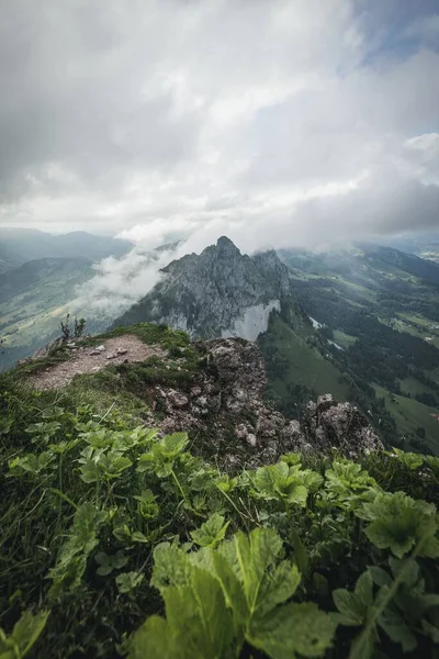Tiro Vertical Uma Montanha Coberta Verde Sob Céu Nublado — Fotografia de Stock