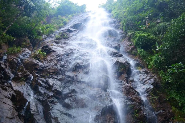 Ein Wasserfall Fließt Über Die Felsen Mit Den Grünen Pflanzen — Stockfoto