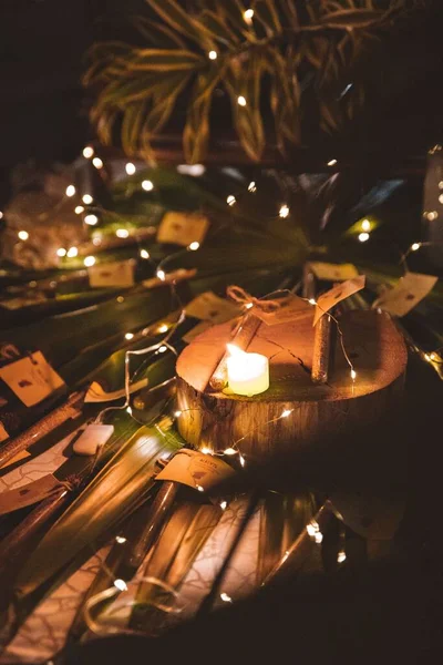 Вертикальный Снимок Горящей Свечи Огней Стволе Дерева Окружённом Листьями — стоковое фото
