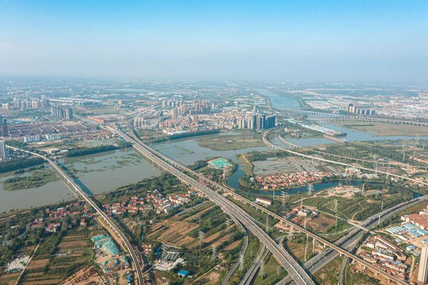 Een Vogelperspectief Van Zibo Stad Skyline China Een Zonnige Dag — Stockfoto