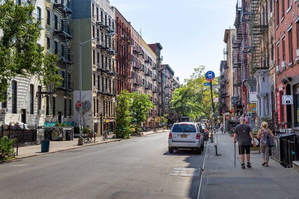 Apartment-lined street in the East Village area of lower Manhattan Island, New York City.