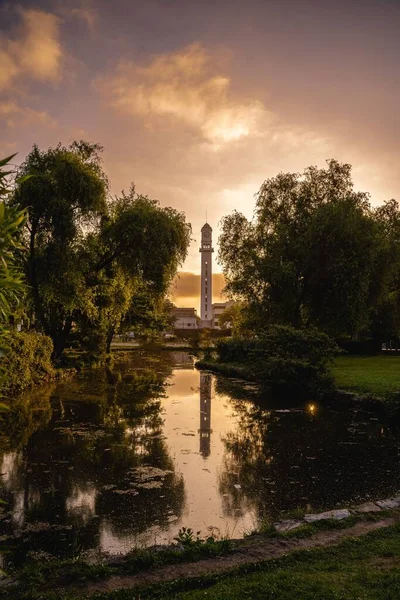 绿色公园里的一个湖的垂直照片 背景上有一座钟塔 夕阳西下 — 图库照片