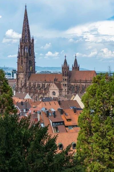 Vertikal Bild Freiburger Munster Katedralen Mot Blå Himmel — Stockfoto