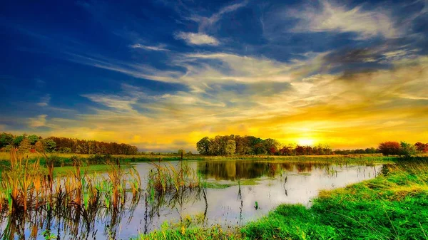 Vacker Bild Sjön Mellan Grönt Gräs Gul Solnedgång Himlen — Stockfoto