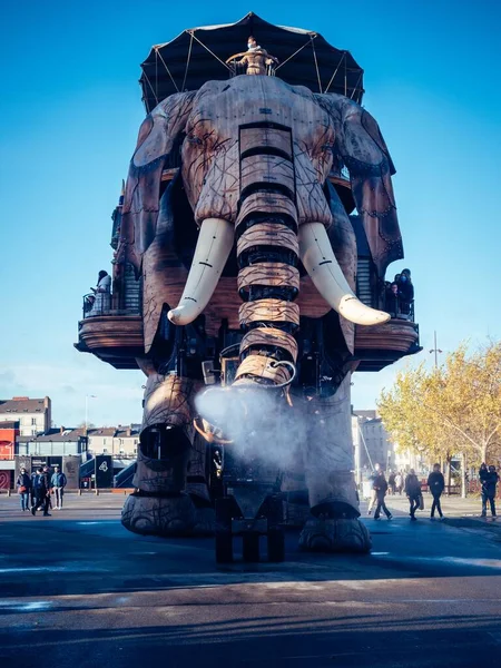 Une Verticale Personnes Réunies Grand Éléphant Dans Parc Nantes France — Photo