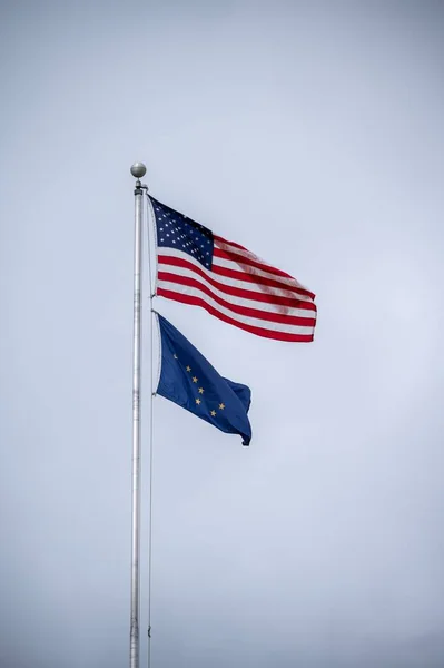 Vertikální Záběr Vlajek Usa Aljašky Vlnících Proti Zatažené Obloze — Stock fotografie