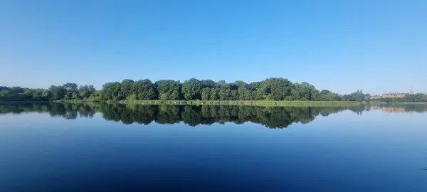 Панорамный Снимок Спокойной Воды Отражающей Зеленое Поле Деревьями — стоковое фото