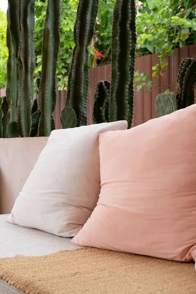 Vertical Shot Light Pink White Cream Pillows Rustic Decoration — Stock Photo, Image