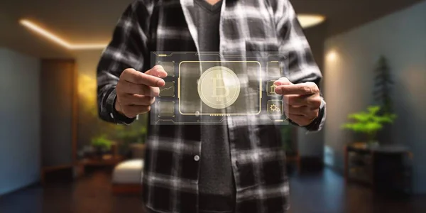 Hombre Sosteniendo Una Tableta Con Monedas Criptomoneda Comercio Concepto Criptomoneda —  Fotos de Stock