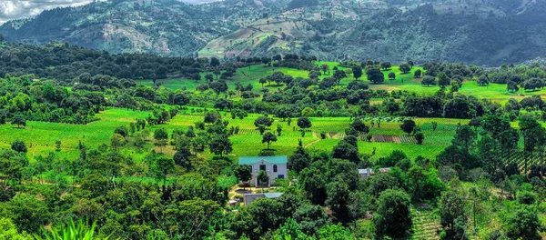 山の風景の中に緑のフィールドのパノラマビュー — ストック写真