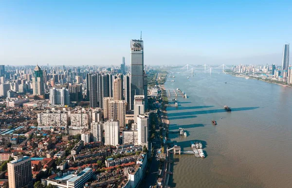 Вид Воздуха Город Шанхай Реку Хуанпу Голубом Фоне Неба Китае — стоковое фото