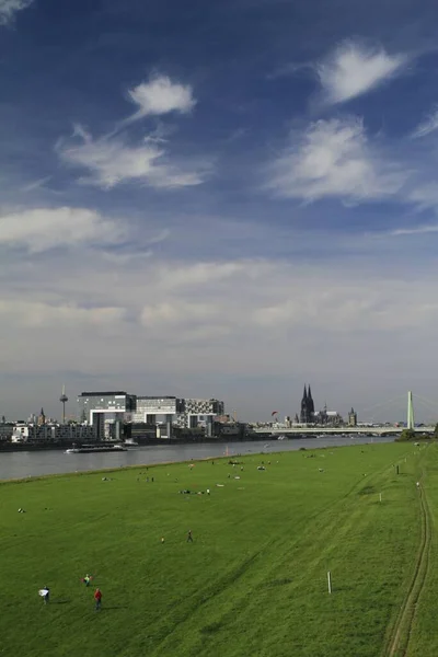 Eine Vertikale Aufnahme Eines Rasenfeldes Rhein Über Der Stadt Köln — Stockfoto