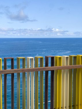 Martianez Sahili, Tenerife 'de arka planda deniz olan çok renkli bir çitin dikey görüntüsü..