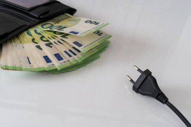 Avro banknotları bir cüzdan ve bir kablo prizinde