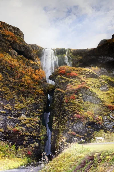Низкоугольный Вид Красивый Водопад Протекающий Лесу Исландии — стоковое фото