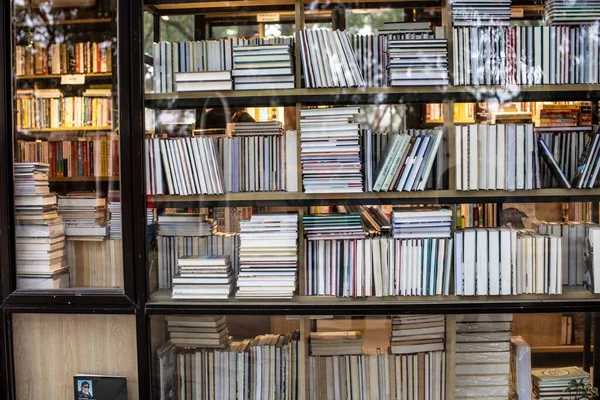 Çeşitli Kitap Türlerini Gösteren Rafları Olan Bir Kitapçının Görüntüsü — Stok fotoğraf